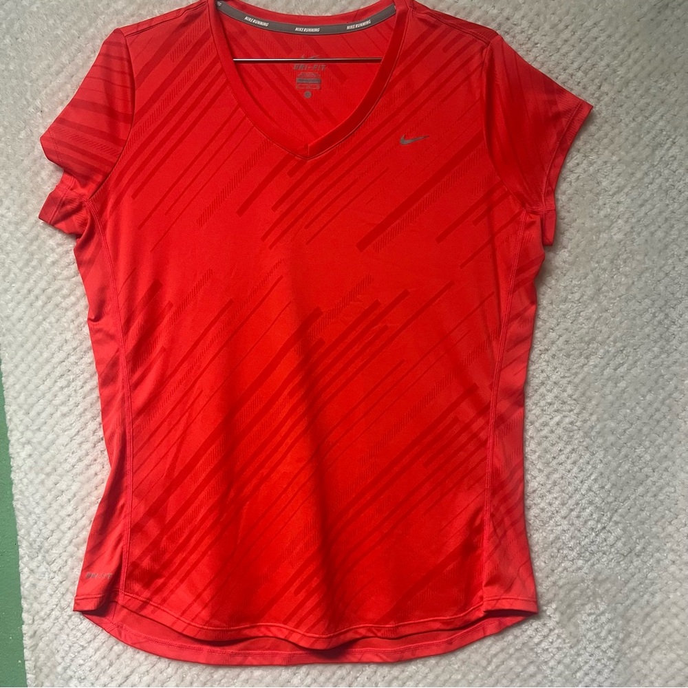 Nike Womens Striped Bright Orange Red Short Sleeve Tee Polyester Size XL